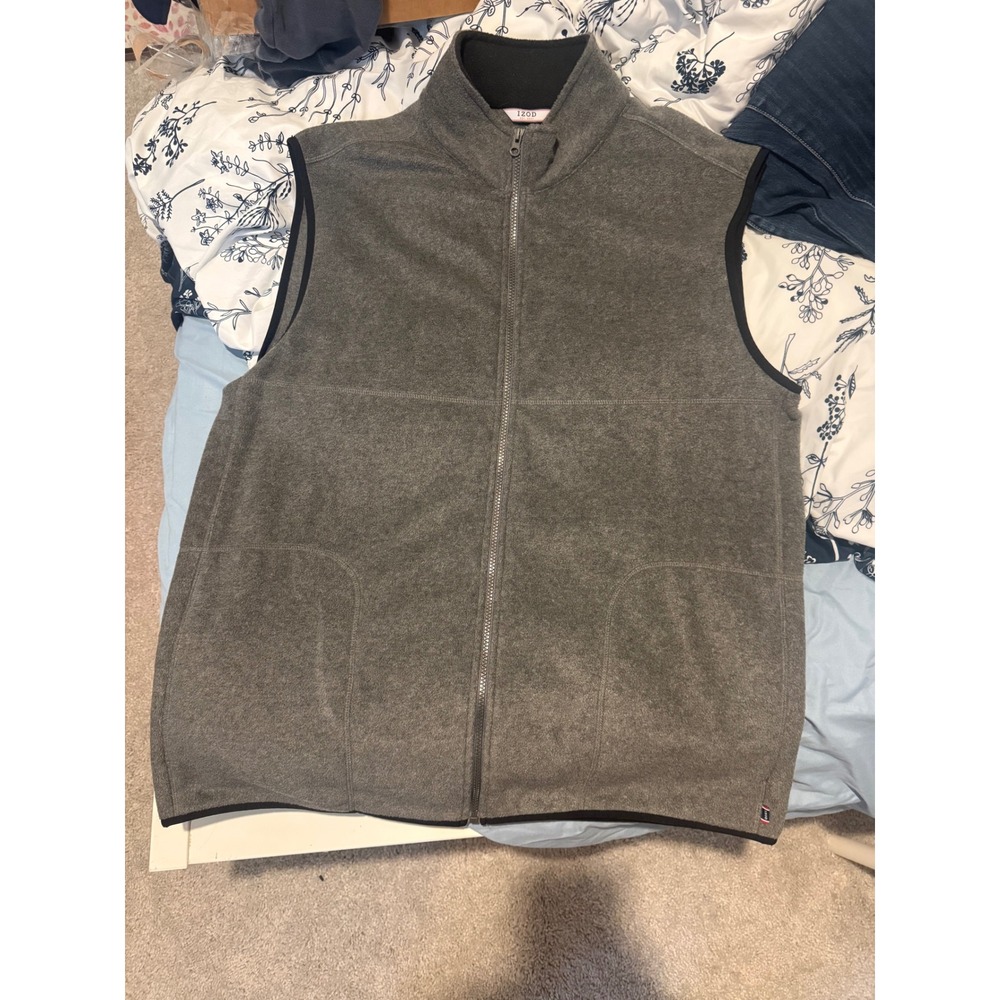 IZOD Mens Fleece Vest Full Zip Mock Neck Carbon Heather Grey XL New With Tags